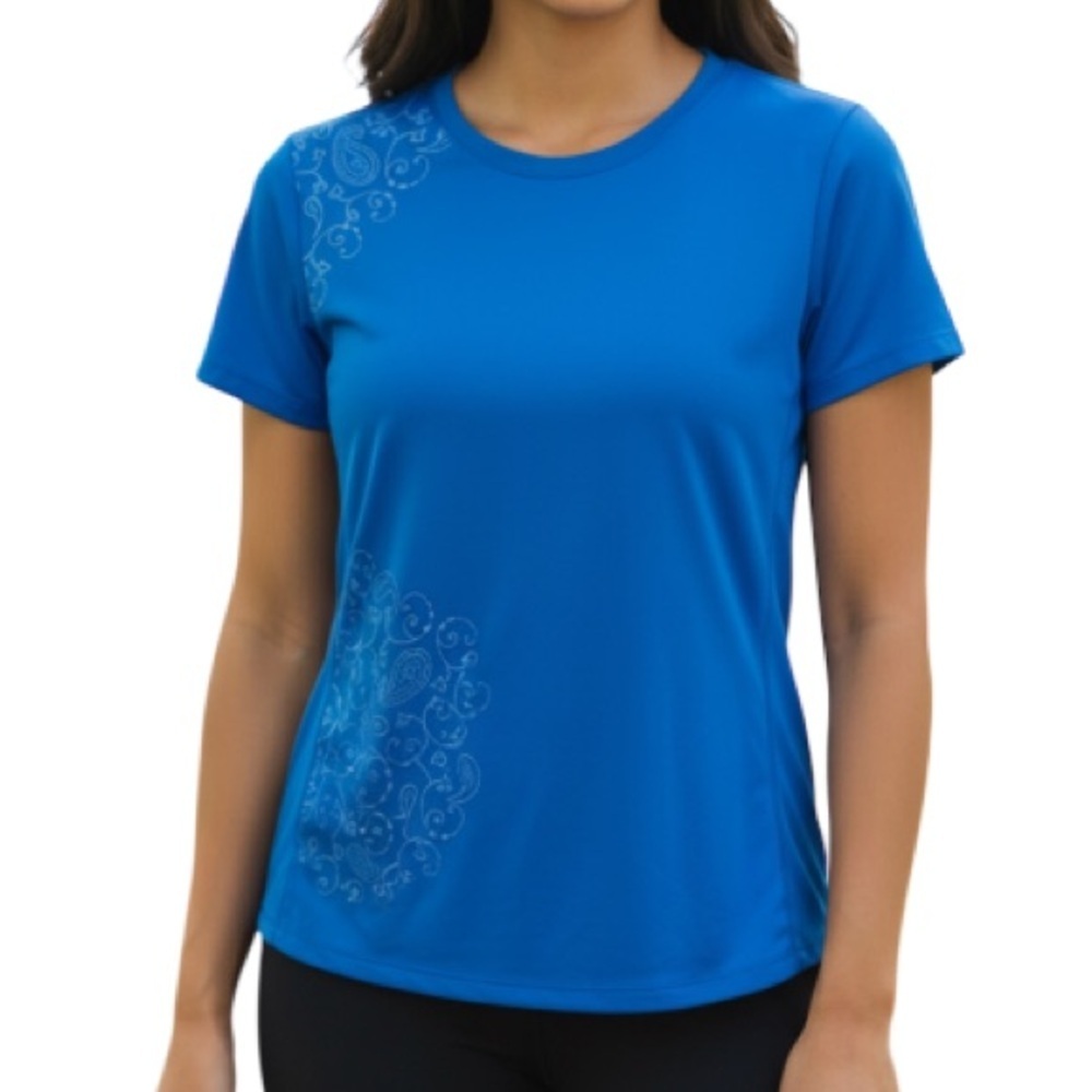 DENVER Hayes Fitted Activewear Short Sleeve T-Shirt Bright Blue Paisley Mesh L